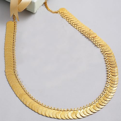 Zeneme Necklace Gold Plated Long Temple Coin Traditional Fashion Jewellery Set For Women and Girls