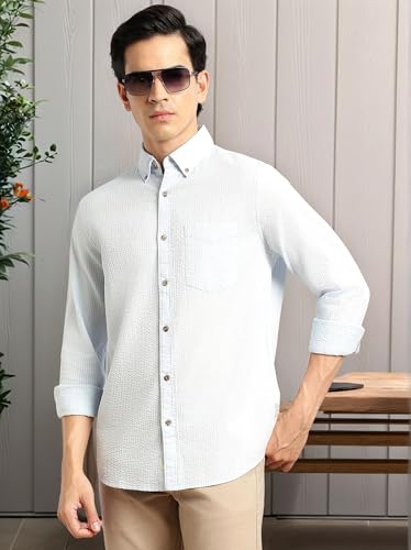 Image of Thomas Scott Men's | Slim Fit | Striped Design | Button-Down Collar | 100% Cotton Casual Shirt for Mens