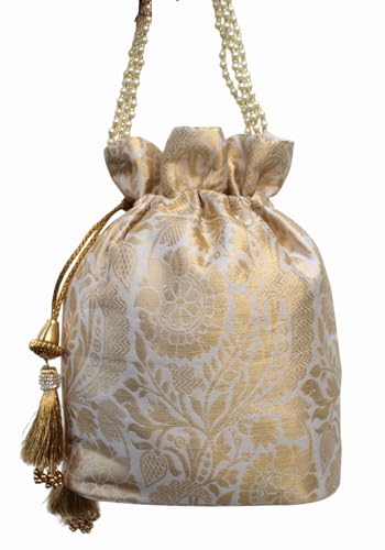 Image of MILAN'S CREATION Banarasi Silk Brocade Potli Bag Purse With Base Drawstring Women's handbag with Pearl Handle & Tassel Weddings