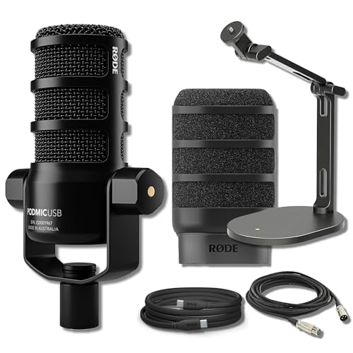 Rode PodMic USB and XLR Dynamic Broadcast Microphone with Rode Desk Stand 2 (DS2), XLR Cable, and StreamEye Polishing Cloth