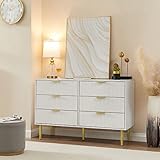 Okvnbjk White Dresser for Bedroom, 6 Drawer Dresser with Gold Hardware, Wood Dresser for Closet, Modern Dresser for Bedroom, Entryway and Hallway