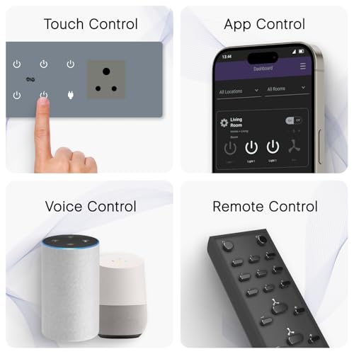 Image of IOTICS Smart Wifi Switch Board: 5 x Switch, 1 Fan & 1 x Smart Plug Module. Touch Control, Remote, App Control. Voice Control with Alexa & Assistant. Smart Touch Switch For Home Automation (Grey)