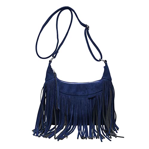 Sac fourre-tout bleu avec franges kowaku grand sac à main à bandoulière réglable