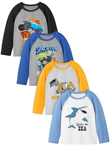 Cooraby 4 Pack Toddler Boys Long Sleeve Cotton T-Shirts Kids Christmas Crewneck Basic Tops Tees Fall Graphic Shirts Excavator