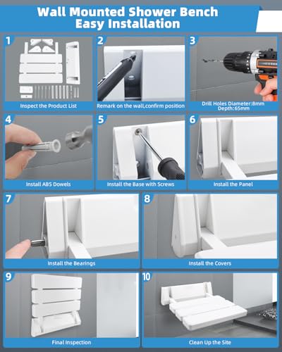 BOOMSTART Douche-klapstoel voor wandmontage, opklapstoel, douche, opklapbaar, voor de douchestoel, inklapbaar, wandklapstoel (douche-klapzitting tot 130 kg) - Afbeelding 6