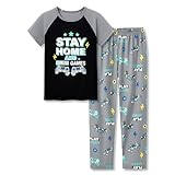 Tebbis パジャマ 男の子用 楽しい野球 ネイビーブルー 半袖&パンツ 2ピース パジャマセット 子供用 快適 寝間着 サイズ6-18, ゲームブラック&グレー(半袖&パンツ), 6