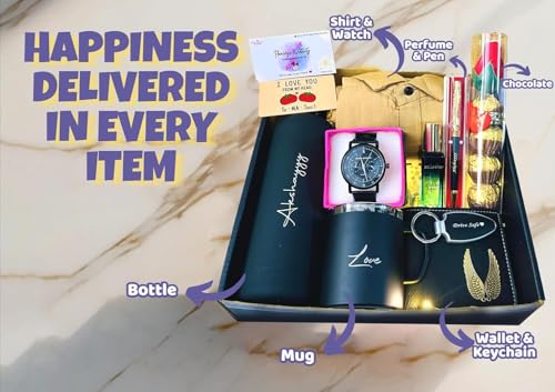 Image of Gift Set for Him - Personalized Hamper with Black Rubber Bottle, Shirt, Watch, Wallet, Mug, Pen, Perfume, LED Keychain, & More - Ideal for Birthday, Valentine Combo Set