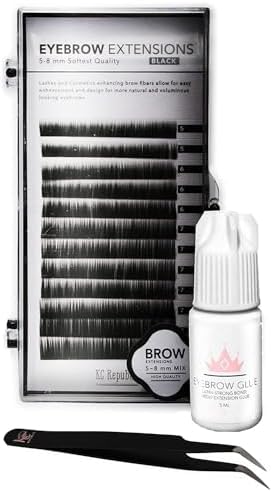 Eyebrow Extensions Kit with 1 x Trays of Mink Eyebrows in Black Comes on Mixed Length Trays 5-8 Mm Mix, Eyebrow Extension Glue Clear & Extension Tweezers by Kc Republic
