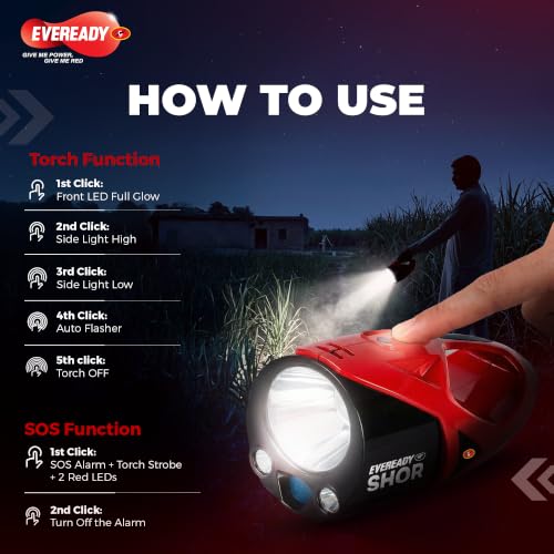 Image of EVEREADY Shor DL190, Commander Torch, 5W Front Light & 3W Sidelight, Rechargeable, USB Type-C Fast Charging, Light Strobe, 100 dBA Animal Alarm, Powered by Li-ion Battery