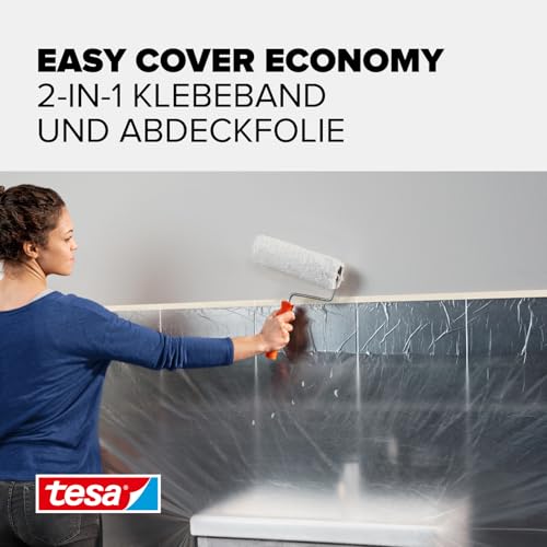 tesa Easy Cover ECONOMY Folie für Malerarbeiten - 2 in 1 Malerfolie zum Abdecken und Kreppband zum Abkleben - 33 m x 140 cm