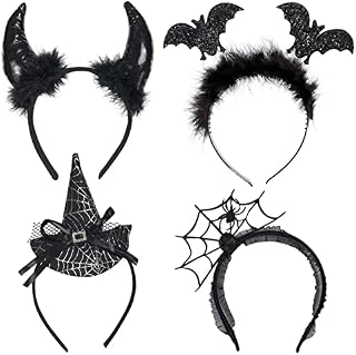 RMMD 4 Pack Halloween Headbands Assorted Halloween Headwear Spider Bat Witch Devil Horns Headband for Kids Adults Halloween Headhair for Halloween Party Favors
