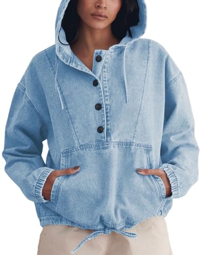 Women's Denim Hoodie Button Down Pullover Jacket Jean Sweatshirt Tops2