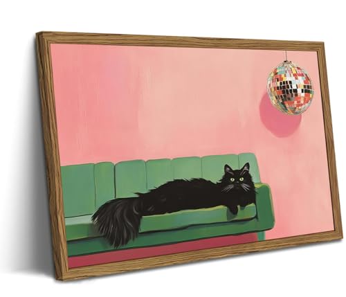 Funny Black Cat Wall Art, Cute Animal Wall Decor Painting, Eclectic Disco Ball Bar Cart Canvas Prints Artwork Pictures for Bedroom Living Room 12x16 inch Wood Framed
