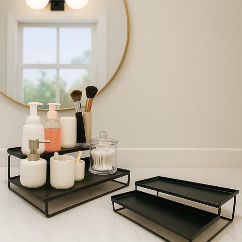Image of Amazon Brand - Umi 2-Tier Step Standing Rack Spice Bottle Stand Utensil Holder Food Storage Organizer for Cabinet Cupboard Pantry Shelf Bathroom Organizer Rack (Black, Pack of 2)