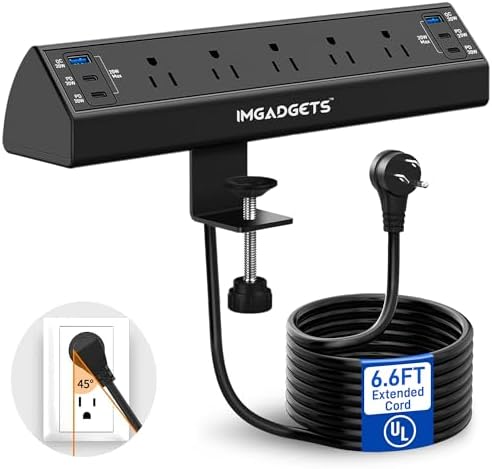 IMGadgets Power Bar (6.6ft Cord) with Desk Clamp, Surge Protector Power Strip, 5 AC outlets, 6 USB Ports (2 USB-A, 4 USB-C), 20W Fast Charging and 45° Flat Plug Charging Station with Extension Cord