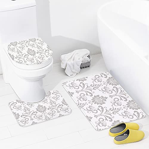Badezimmer Set, rutschfeste Badematte und WC-Vorleger-Set, Silhouette Stil grau barock gefliest Seide abstrakt… – Bild 6