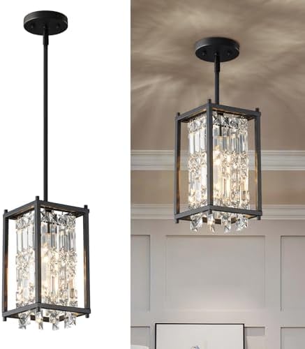 LMQNINE Modern Black Pendant Light Fixtures for Kitchen Island, Crystal Chandelier Lights Fixture, Adjustable Farmhouse Pendant Lighting for Dining Room Bedroom (Square 1-Light)