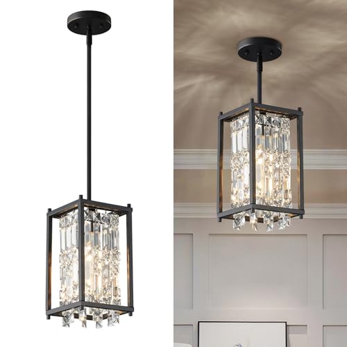 Image of LMQNINE Modern Black Pendant Light Fixtures for Kitchen Island, Crystal Chandelier Lights Fixture, Adjustable Farmhouse Pendant Lighting for Dining Room Bedroom (Square 1-Light)