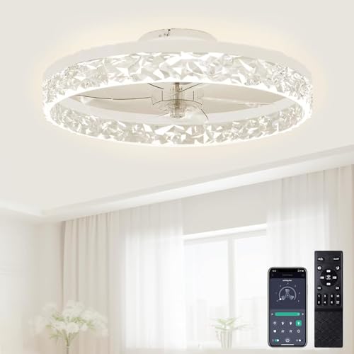 YOUHOO 19.7" Ceiling Fan with Lights, Dimmable LED 3 Color 6 Speeds Timing Reversible Blades with Remote Control, Household Fan Chandelier, Indoor Low Profile Flush Mount Ceiling Fan by YOUHOO - Used condition - US$77.79