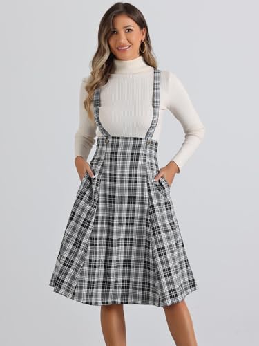 Allegra K Overall Plaid Dress for Women's Tartan Pinafore Suspender Skirt Large Black4