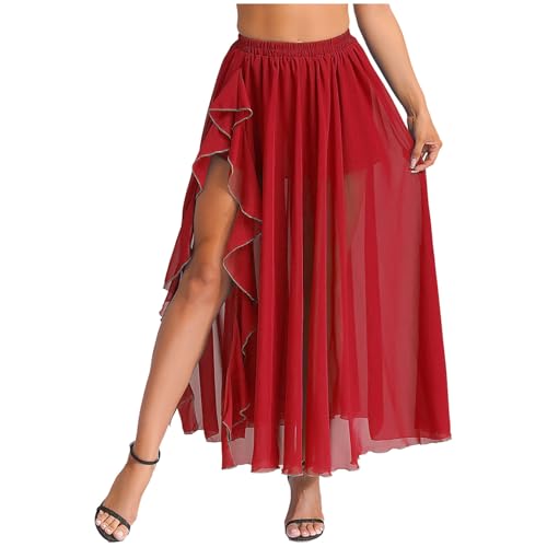 Yihuimin Femme Jupe Danse du Ventre Haut Fente Jupe Longue de Danse Orientale Costume Danses Belly Indienne Dancewear Rouge Taille Unique