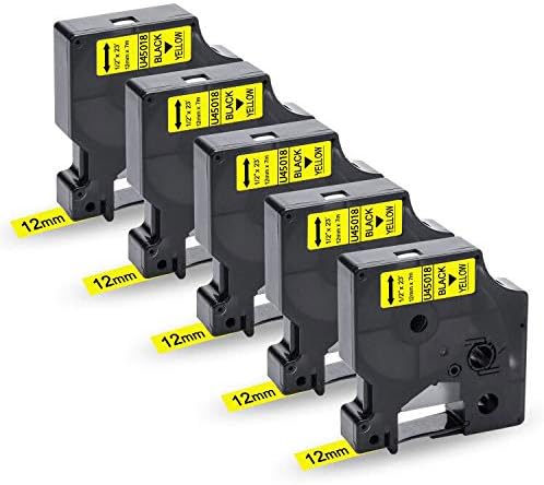 UniPlus 5X Compatible D1 12mm Label Tape Replacement for D1 45018 S0720580 Labeling Tape D1 Black on Yellow, Work with Dymo LabelManager 160 210D 360D 420P LabelWriter 450 Duo Label Maker