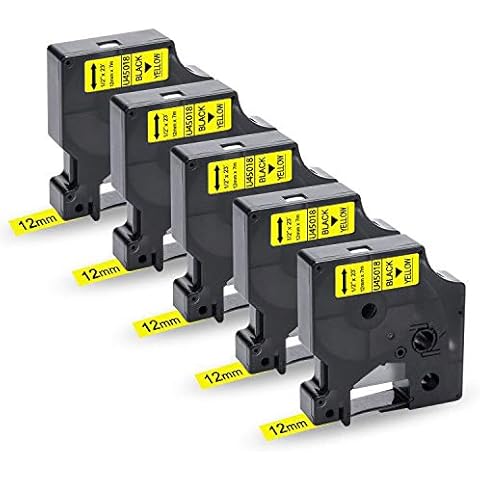 UniPlus 5X Compatible D1 12mm Label Tape Replacement for D1 45018 S0720580 Labeling Tape D1 Black on Yellow, Work with Dymo LabelManager 160 210D 360D 420P LabelWriter 450 Duo Label Maker Cover