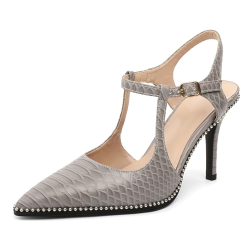 Image of SAMMITOP Womens High Heels Ankle Strap Pointed Toe Stilettos Patent Leather Beaded Pumps Dress Shoes 3.5 Inch