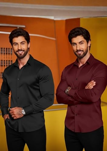 Image of Combo of Men's Premium Satin Cotton Shirt with Full Sleeves & Spread Collar | Smooth Finish | Slim Fit | Stylish Button Down Shirt for Evening, Casual Pack of 2