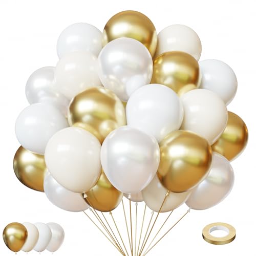 White and Gold Balloons 50Pcs Pearl White Balloons 12 Inch Gold and White Latex Balloons for Birthday Baby Shower Engagement Wedding Anniversary