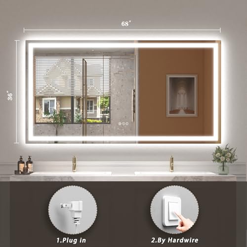 Image of 68x 36 Inch Lighted Bathroom Mirror for Wall, LED Illuminated Vanity Mirror with Lights, Dimmable, Anti-Fog, ETL Listed (Backlit and Front Lighted)