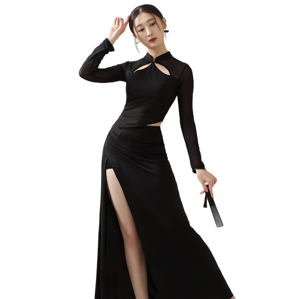 ROYAL SMEELA Chinesisches Qipao-Kleid für Damen, Cheongsam Mandarinenkragen, chinesische Kleider, traditionelle Kleidung, Schwarz