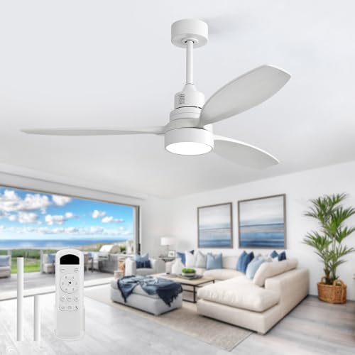 Image of Sofucor White Ceiling Fan with Lights and Remote, 52 Inch Modern Wood DC Motor Ceiling Fan with Downrods, for Farmhouse Bedroom Living Room Dining Room Patio Porch, Reversible, 3 Blades