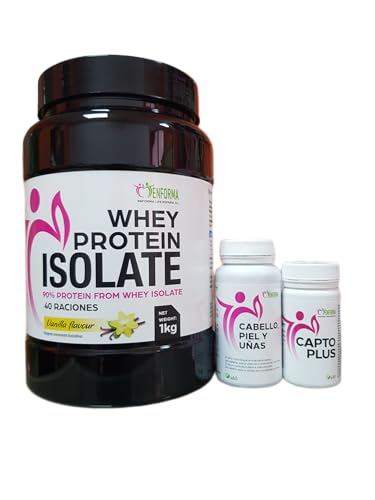Pack Whey Protein Isolate//Batido de Proteína//Complemento Alimenticio + Captoplus Enforma Life Capsulas //Absorción azúcar//Salud intestinal + Vitaminas Cabello piel y Uñas Colageno marino, Enforma