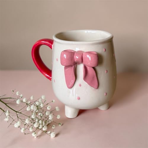Image of Pink Bow Ceramic Mug with Legs | Cute Aesthetic Coffee Cup for Girls | Unique Designer Tea Mug | Microwave & Dishwasher Safe | Gift for Birthday, Friends & Special Occasions