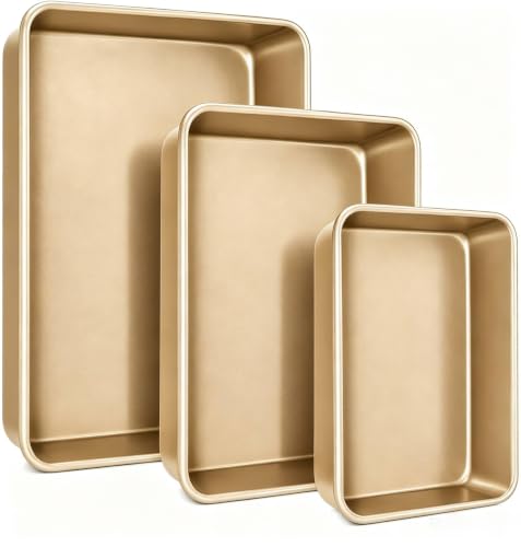 AMAGABELI GARDEN & HOME Deep Baking Pans Nonstick for Oven Tray Cake Carbon Steel Pan Baking Sheets Set of 3 Rectangle Bakeware Set for Cake Lasagna Brownie Casserole Cookie Cooking Gold