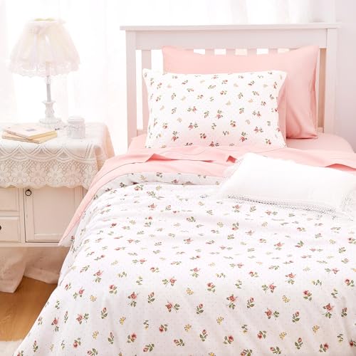 Image of Wake In Cloud - Floral Comforter Set, Coquette Cottagecore Aesthetic Cute Flower Rose Pattern for Women Teen Girls, Soft Lightweight Dorm Bedding, 3 Pieces, Pink, Twin /Twin XL Size