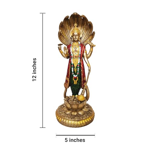 Image of YASHONIDHI Venkatesh Narayan Vishnu Bhagwan Statue, 12 Inches, Lakshminarayan Gold-Colour Murti Standing on Lotus and Sheshnag, for Home, Office Decoration, for Pooja Room