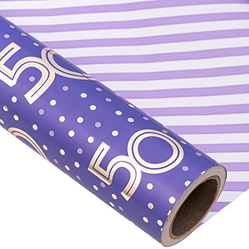Holijolly Rolo de papel para pacote de aniversário de dupla face de - minirolo - 43,9 cm x 10 metros - 50 anos roxo, com folha metálica Flash/risca (4,39 metros quadrados)