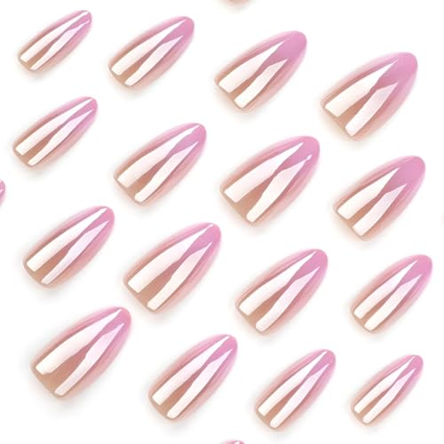 Image of Pink Chrome Press on Nails Ombre Fake Nails Medium Almond False Nails with Design Glossy Full Cover Glue on Nails Artificial Acrylic Stick on Nails for Women Girls Spring Summer Nail Decoration 24Pcs