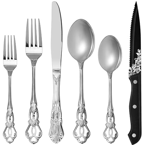 Runfly Retro Royal Silver 48 Pieces Flatware Set, Gorgeous Silver Silverware Set for 8, Anti-Rust Stainless Steel Dark Cutlery Set Utensils Including Fork Spoon and Knife