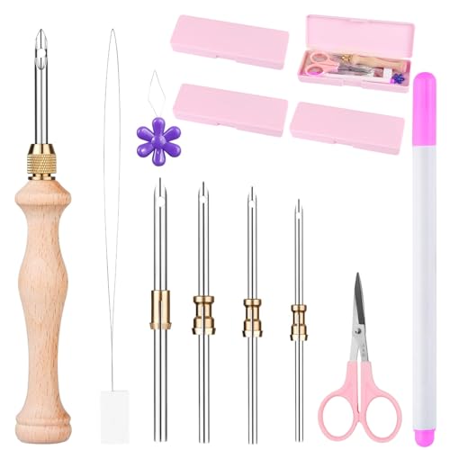 Cheloment 4 Set Punch Needle Kit with Storage Box, Adjustable Tool with 5 Metal Needles, Embroidery Set for Adults (Pink)