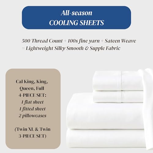 Image of Beckham Hotel Collection 100% Cotton Cal King Sheet Set, 4-Piece, White | 500 Thread Count, Silky Soft Weave, Breathable, Anti-Pilling, 16-Inch Pocket, All-Around Elastic, Gets Softer with Every Wash