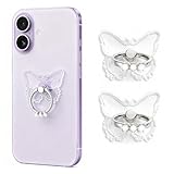 2PcsTransparent Phone Ring Holder Grip, Clear Butterfly Cell Phone Ring Holder Stand with Diamonds,360°Rotation Finger Grip Ring Kickstand Compatible with Most Smartphones,Tablets and Case