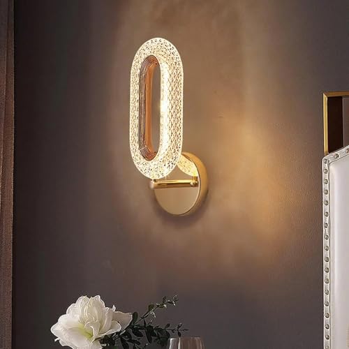 Sinoman Elegant Crystal LED Wall Sconce Light Gold Finish Oval Shape Fixture Lamp with Clear Acrylic Shade, 3 Step Color Changing Decorative Indoor Lighting for Bedroom, Hallway, Living Room, Bathroom