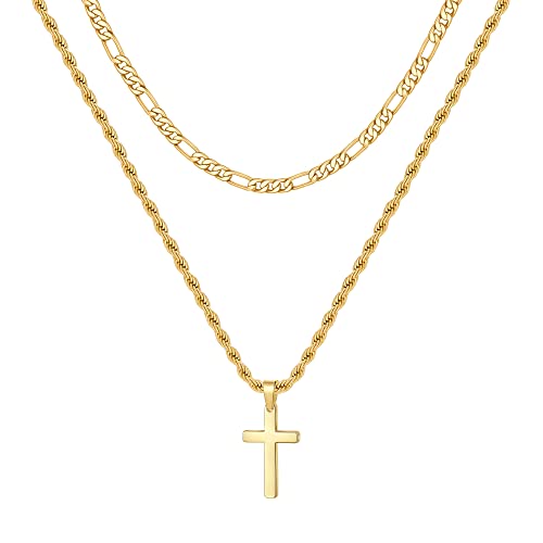 Yesteel Cross Necklace for Men, Gold Chain for Men Stainless Steel Gold Layered Rope Figaro Chain Cross Pendant Necklace Jewelry Gifts Cross Chain Necklace for Men 20-22 Inch