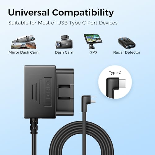 Image of AZDOME Type C Port OBD Hardwire Kit for Dash Cam, Easy to Install, Support Parking Mode, 11FT 12V-24V to 5V Power Cable for Car Camera with Type C Port, Low Voltage Protection (Matte Black)