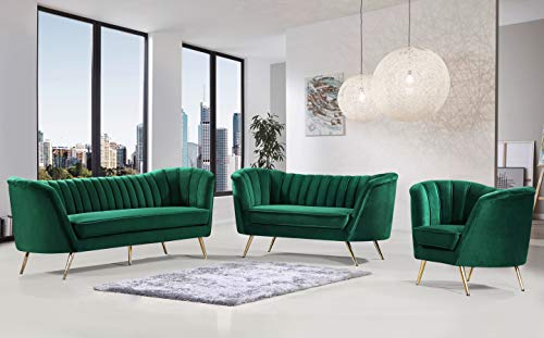 Meridian Furniture Margo Collection Modern | Contemporary Velvet Upholstered Sofa With Deep Channel Tufting And Rich Gold Stainless Steel Legs, Green, 88" W X 30" D X 33" H #TOP6