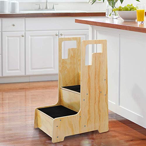 KINGSO Kitchen Helper Stool for Kids, Toddler Step Stool, Wood Step Stool with Support Handles and Non-Slip Mat, Two Step Counter Height Kids Step Stool, Natural