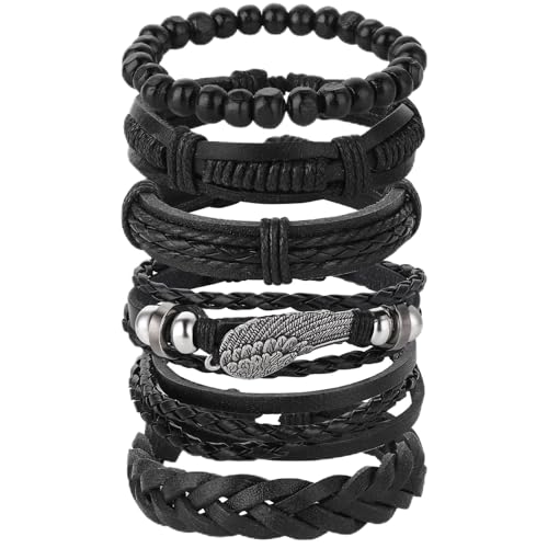 Yolev 6 Piezas Pulseras Cuero Hombre Conjunto de Pulsera Hombre Cuero Trenzado Punk para Hombre Mujer Brazalete de Cuero Hombre Trenzado Vintage Pulsera de Cuero Trenzado de Longitud Ajustable